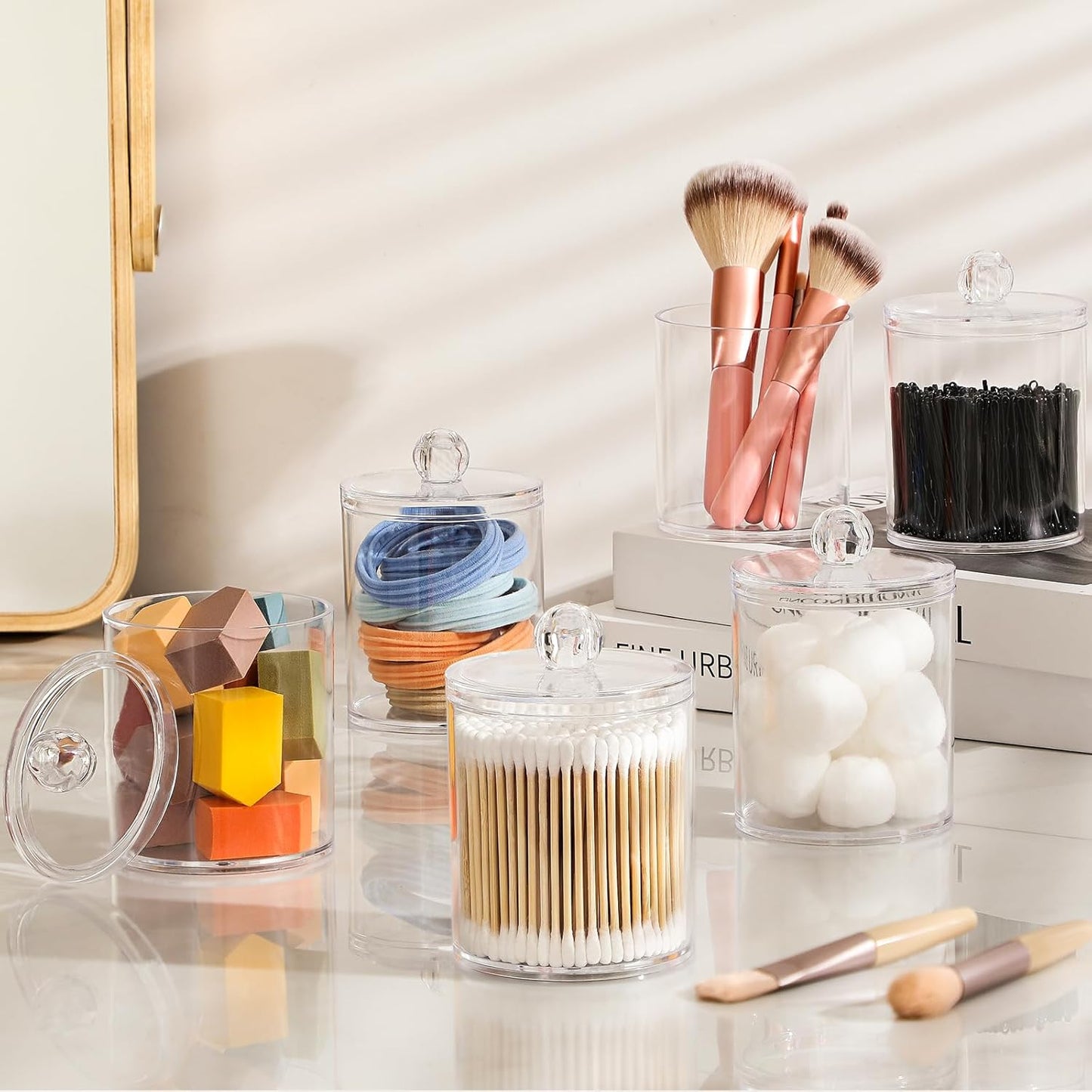 4-Pack Qtip Dispenser Set, Plastic Jars for Cotton Swabs, Balls, and Pads.