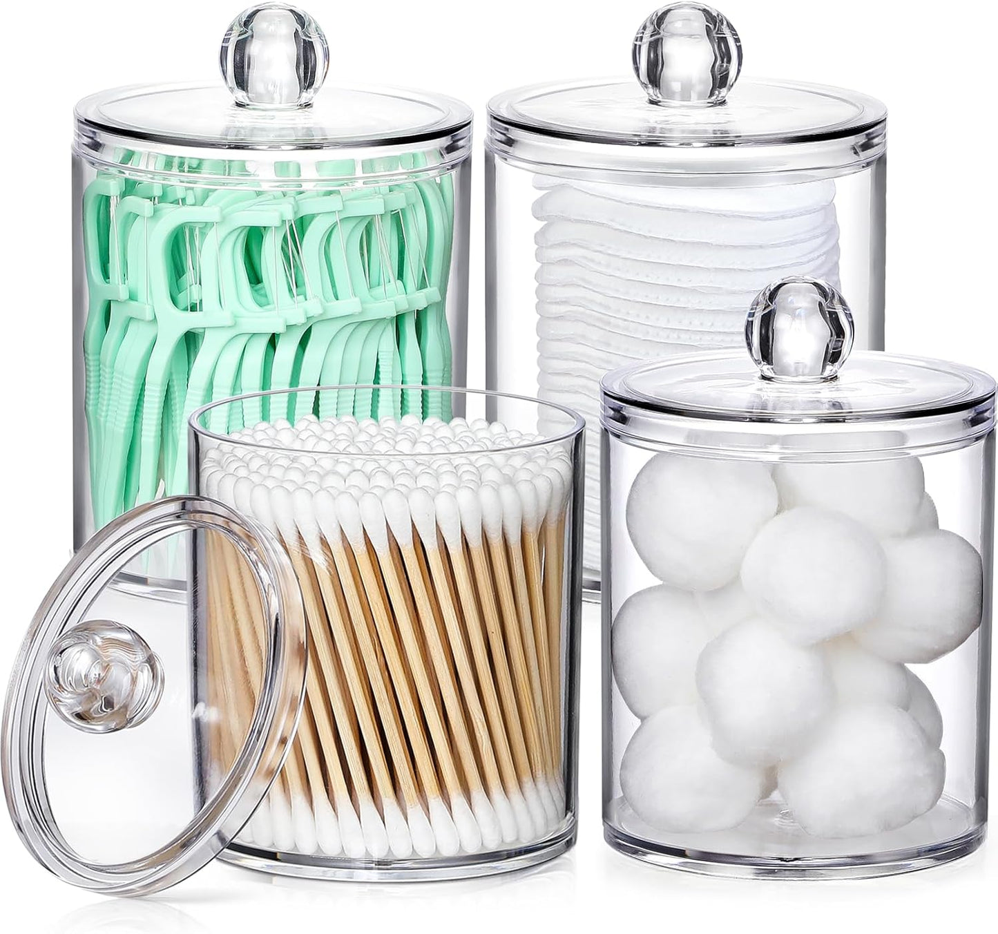 4-Pack Qtip Dispenser Set, Plastic Jars for Cotton Swabs, Balls, and Pads.