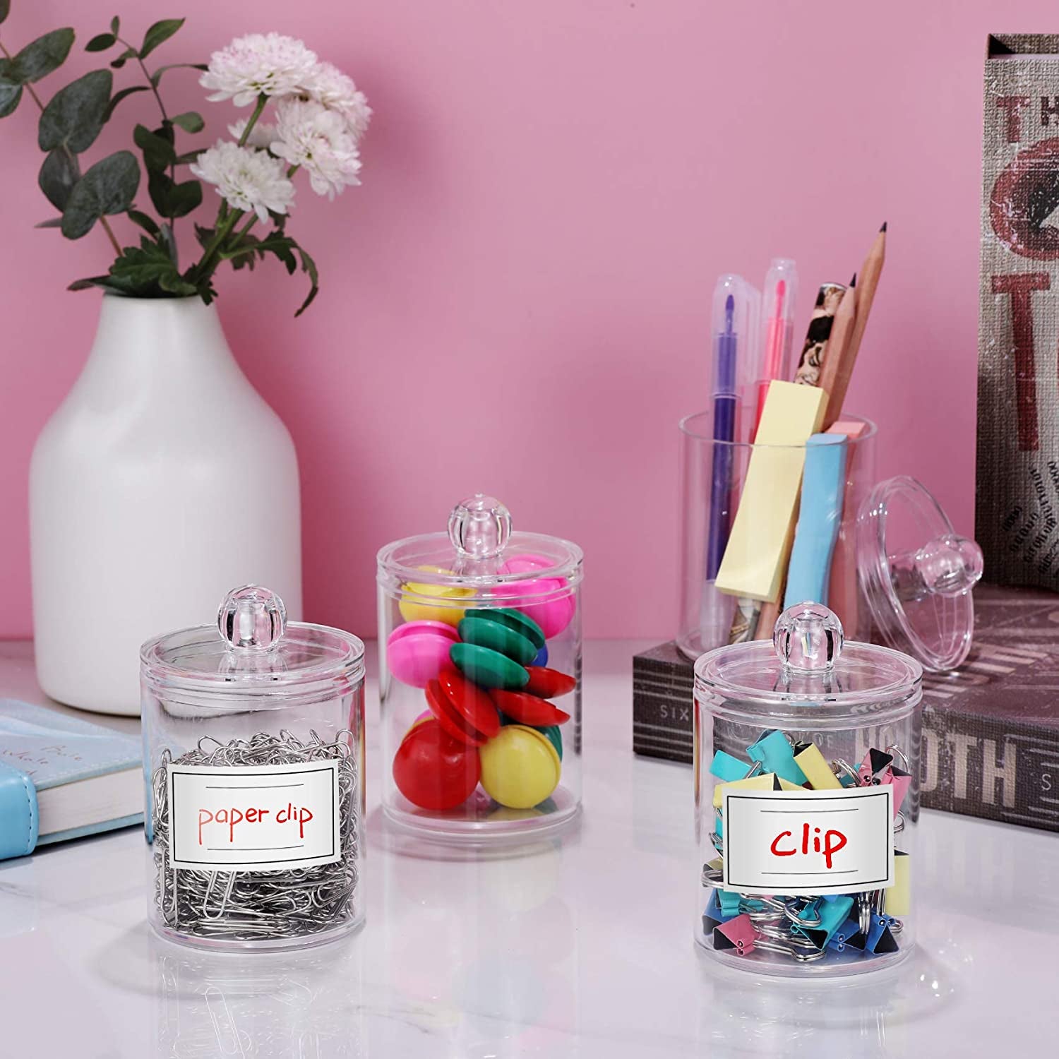4-Pack Qtip Dispenser Set, Plastic Jars for Cotton Swabs, Balls, and Pads.
