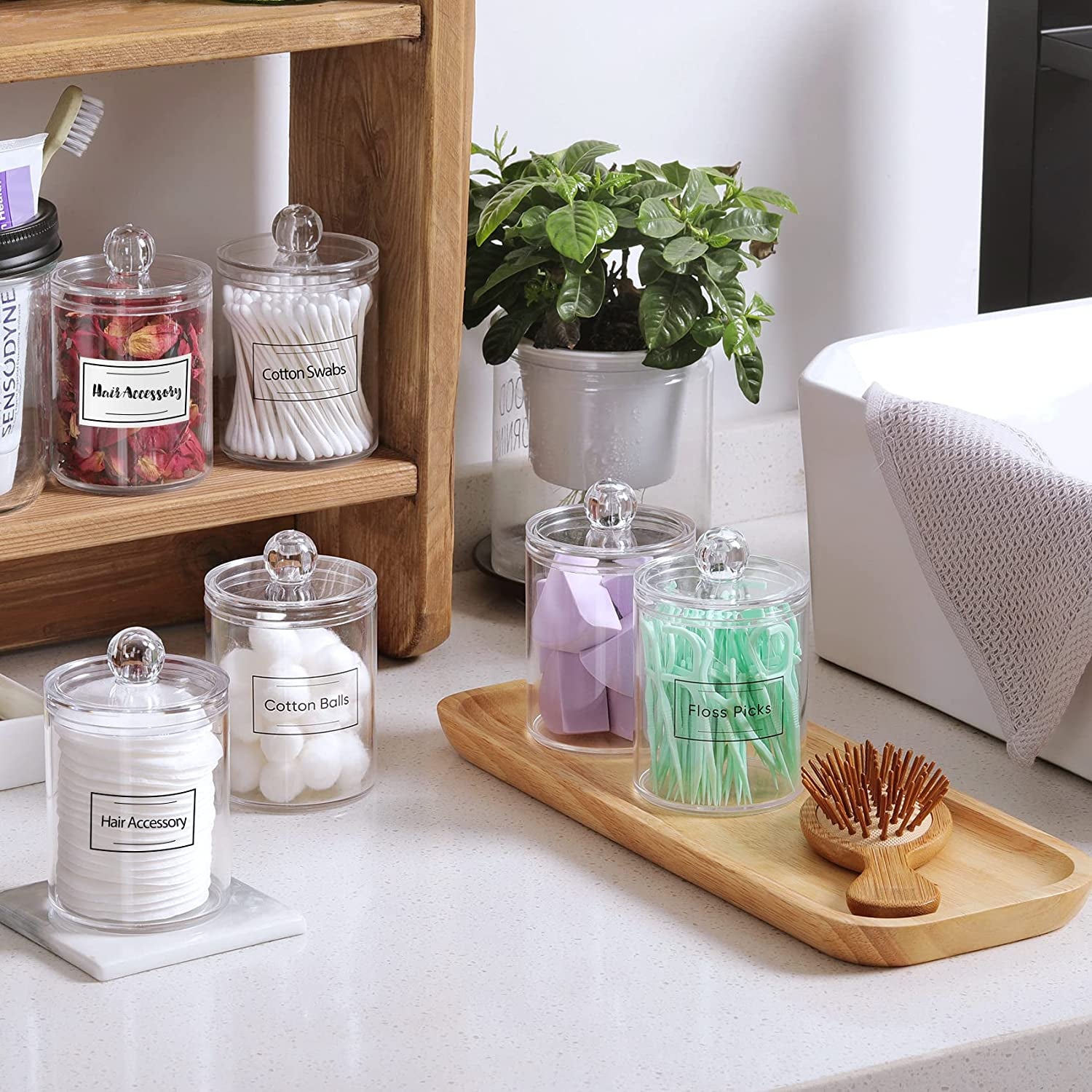 4-Pack Qtip Dispenser Set, Plastic Jars for Cotton Swabs, Balls, and Pads.