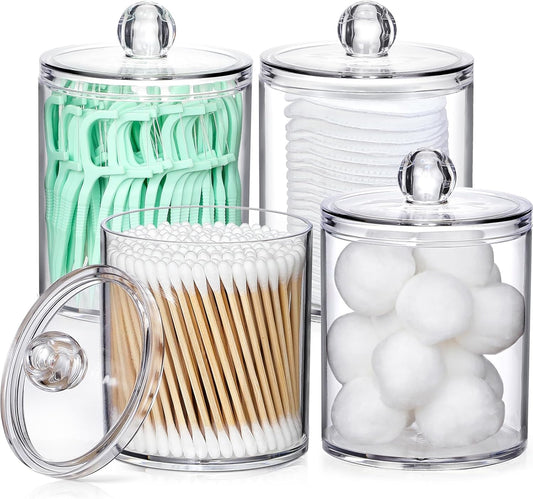 4-Pack Qtip Dispenser Set, Plastic Jars for Cotton Swabs, Balls, and Pads.