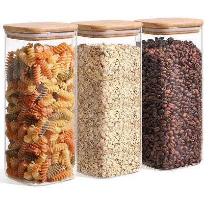 61Oz Glass Storage Containers with Lids, Glass Jars with Lids, Clear Food Storage Jar, Square Glass Canister Set of 3