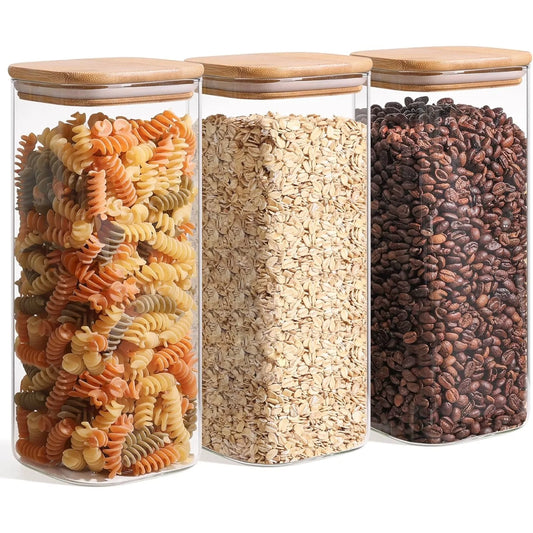 61Oz Glass Storage Containers with Lids, Glass Jars with Lids, Clear Food Storage Jar, Square Glass Canister Set of 3