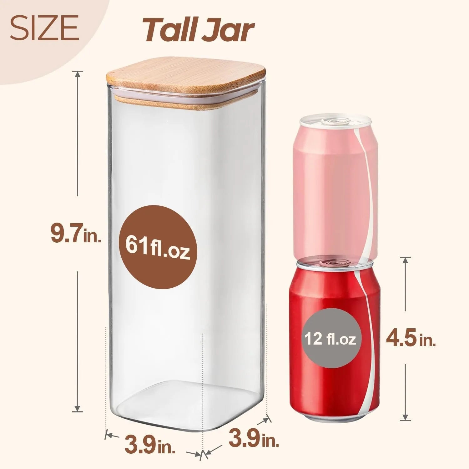 61Oz Glass Storage Containers with Lids, Glass Jars with Lids, Clear Food Storage Jar, Square Glass Canister Set of 3